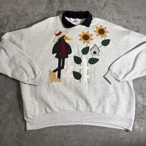 Vtg Embroidered Sweater Collar Bird Sunflower Birdhouse Long Sleeve 3XL Custom